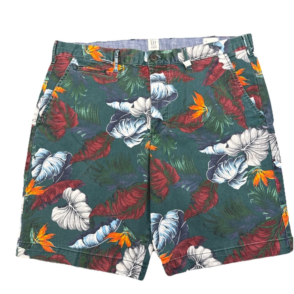 Gap Khaki Shorts Mens 36 Green Tropic All Over Print 10" Inseam Vintage Fit